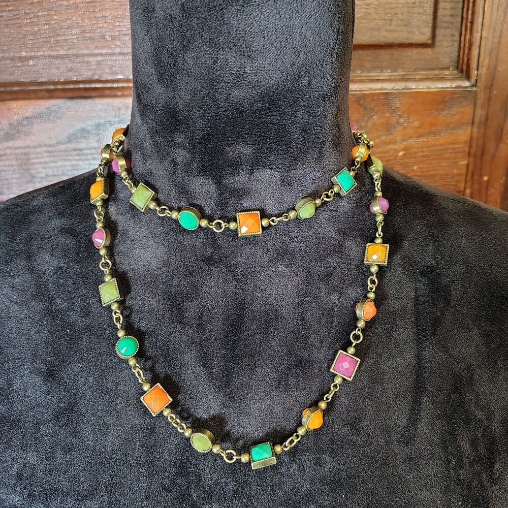 Boho Chic Multi Colored Beaded Brass Tones Long VTG Inspired Necklace /J125